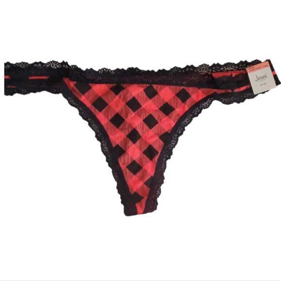 Jenni Intimates Lace Trim Panties Red and Black Buffalo Check Plaid Thong, XXL - Picture 8 of 10